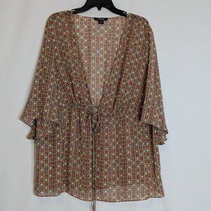 Style & Co. Multicolor Geometric Kimono Blouse - Tan, Pink, Green